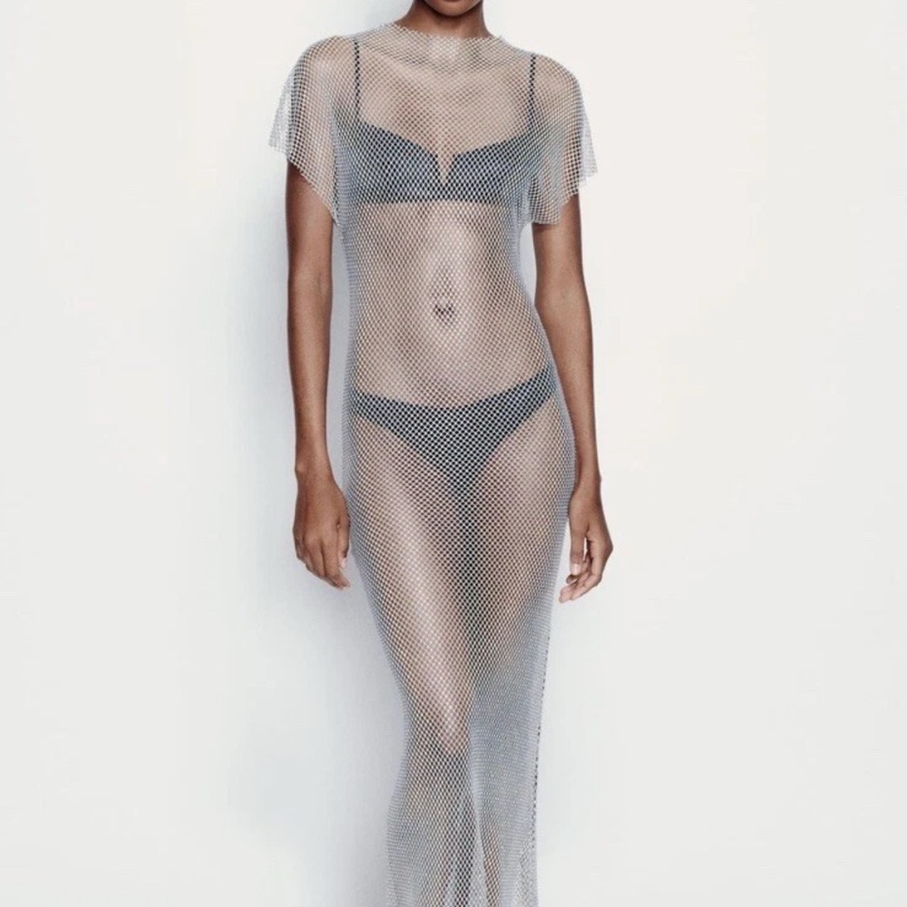 Zara Glitter Mesh Maxi Dress - Silver